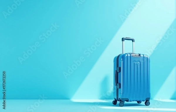 Fototapeta Blue suitcase stands on floor in room casting shadow from window light, minimalist travel concept