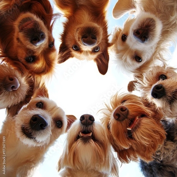 Fototapeta a group of curious little dogs stand in a circle and look down