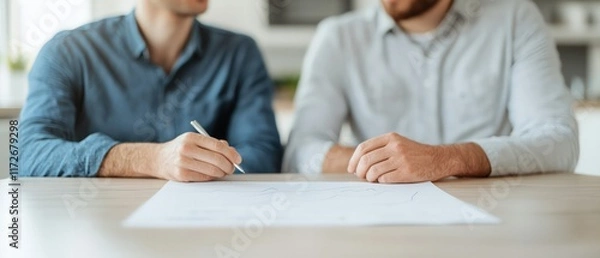 Fototapeta Two individuals are seated at a table, engaging in a discussion while one writes on a document, highlighting collaboration and important decision-making.