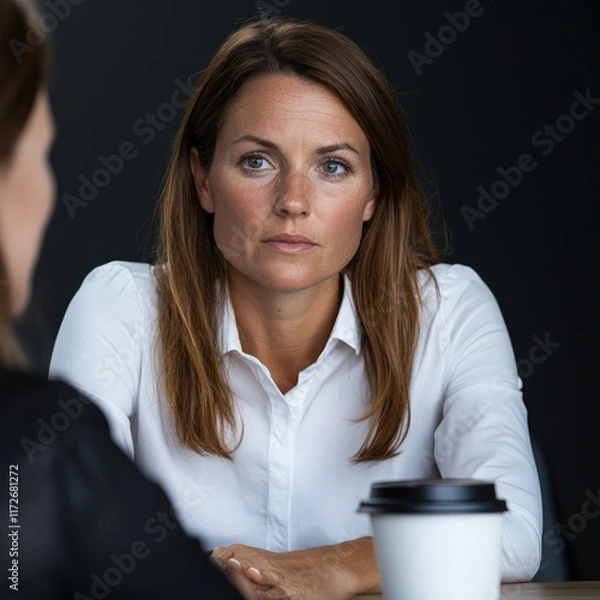 Obraz A focused woman engages in a serious conversation over coffee, showcasing an atmosphere of professionalism and contemplation.
