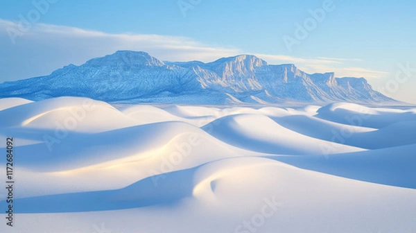 Obraz a snowy mountain landscape with trees and snow covered surface, Winter season morning snow covered mountains under a clear sky, Beautiful snow covered view of mountains from valley in winter season.
