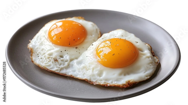 Fototapeta A fried two eggs on a grey plate, isolated on transparent background