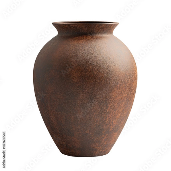 Fototapeta a rustic brown textured earthenware vase with a short neck isolated on a white background