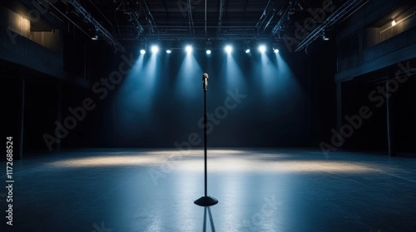 Fototapeta A dramatic photograph of a lone mic stand on an empty stage awaiting the performer