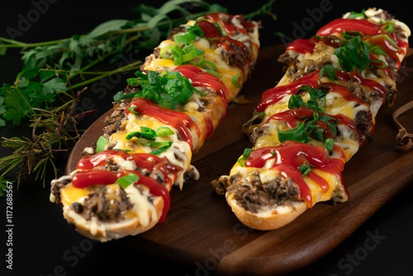 Fototapeta Toasted open-face sandwich made of a sliced baguette  topped with white mushrooms, cheese and ketchup, zapiekanki