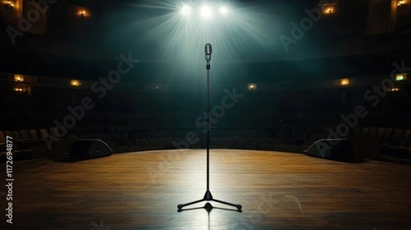 Fototapeta A dramatic photograph of a lone mic stand on an empty stage awaiting the performer