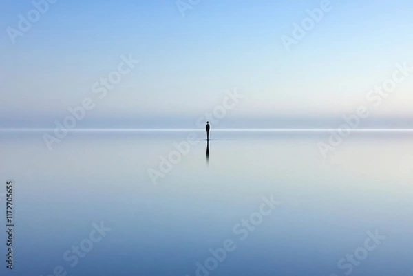 Fototapeta Solitude on calm reflective water at sunrise