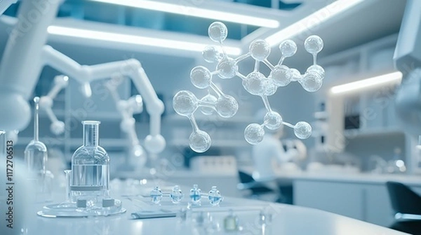 Fototapeta High-tech laboratory with holographic molecular models floating in mid-air, futuristic biotech facility