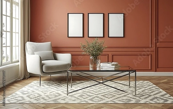 Fototapeta Modern living room interior design, terracotta walls, armchair, coffee table, rug, natural light.