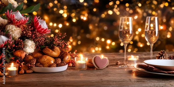 Fototapeta Romantic dinner table setting with champagne, flowers, and candles on christmas lights background