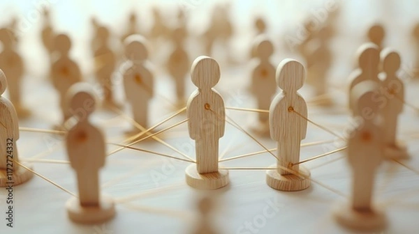 Fototapeta Networking concept portrayed through wooden human figures linked by golden lines against cream background, illustrating business connections with minimalist composition and soft shadows.