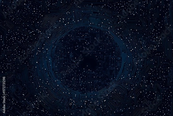 Fototapeta Abstract close-up of a glowing blue digital circuit board, showcasing intricate connections and technological design on a black background.
