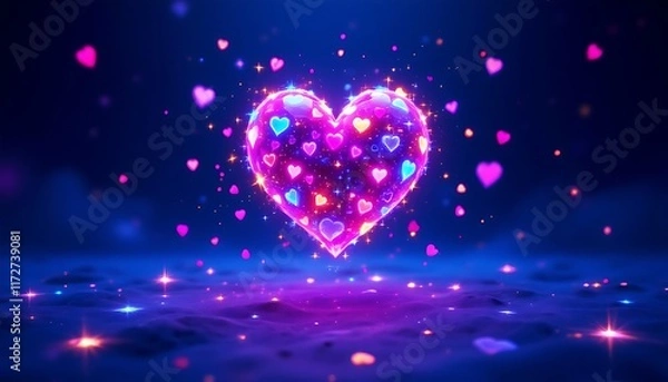 Fototapeta A sparkling pink heart floating in the air with glowing navy blue light background