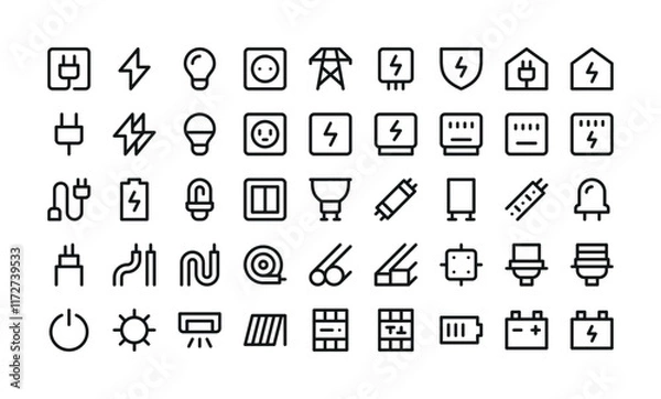 Fototapeta Electricity UI icons set. Set of electric power, led lamp, electrical panel, electricity meter box, wire, cable, cord, plug, battery, energy vector symbols with editable stroke