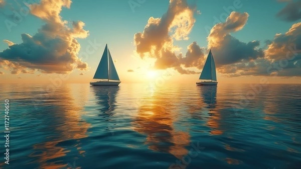 Fototapeta Two sailboats at sunset, ocean calm, clouds vibrant.  Travel brochure, website header.