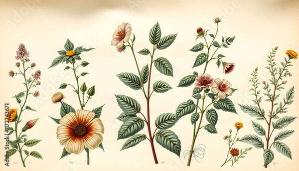 Fototapeta A sheet of antique botanical lithography of the 1890s-1900s with images of plants, papercraft, with white tones