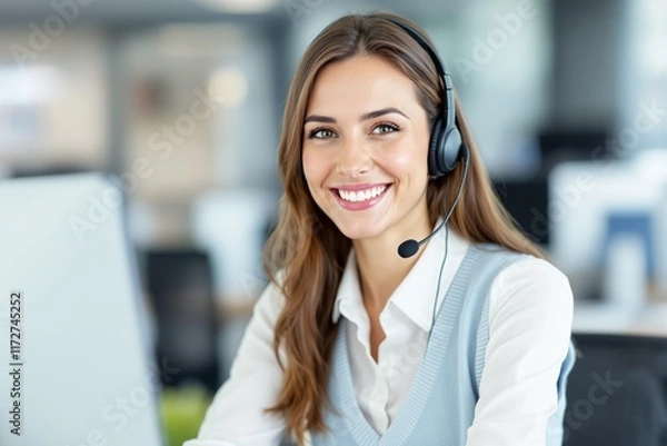 Fototapeta Friendly woman wearing a headset, smiling while working in an office, professional atmosphere, customer service concept, Ai generative