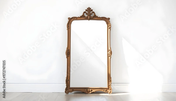 Obraz Antique mirror standing on the floor against a white wall with sunlight shining in, Backlit