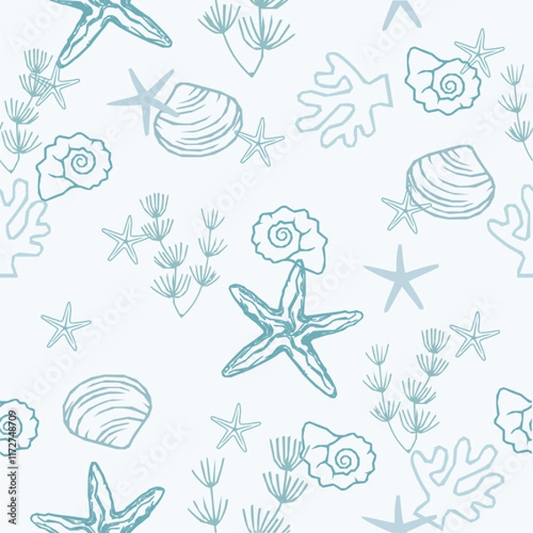Obraz seamless pattern with seaweeds, corals, seashells, starfishes and sea urchin isolated. Underwater bouquet, Illustration for greeting cards,