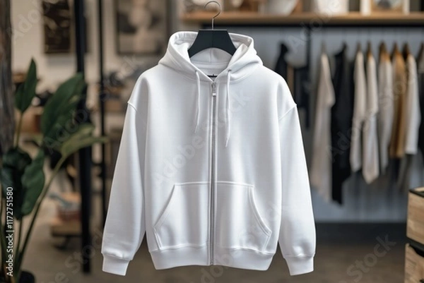 Fototapeta A stylish white zip-up zipped hoodie mockup displayed on a hanger in a modern clothing store. The background features various clothing items hanging on racks, creating a trendy shopping atmosphere. 