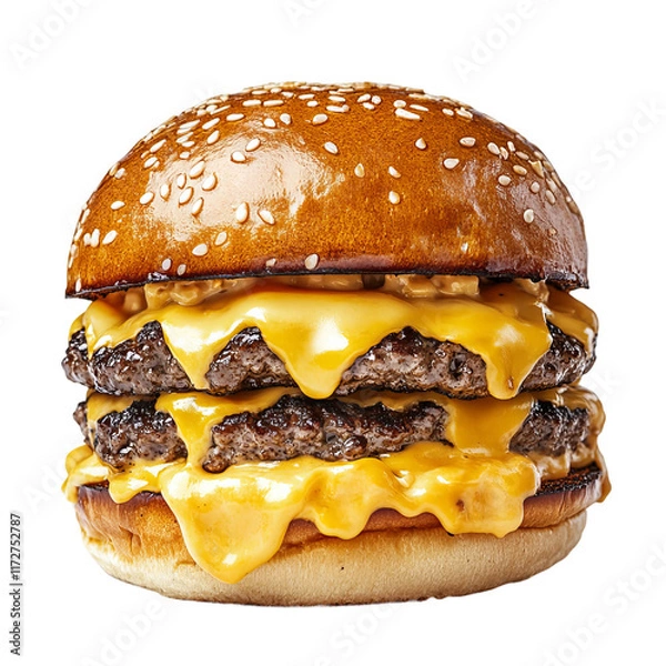 Fototapeta double smash cheese burger on a potato bun isolated on a white background