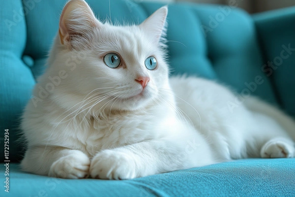 Fototapeta A white cat with blue eyes is lying on a blue sofa