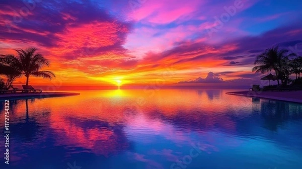 Fototapeta Tranquil Wide Angle View of Serene Beach at Sunset with Vibrant Colors Reflecting on Still Water and Cloudy Horizon