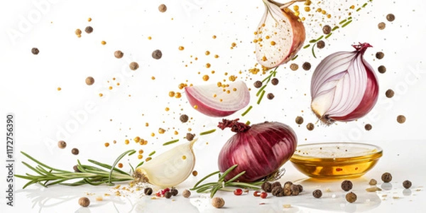 Fototapeta Onion slices, rosemary and various spices float in front of the white background.A small dish is liquid, probably with oil, to accompany the ingredients, giving a dynamic and fresh culinary feeling.AI