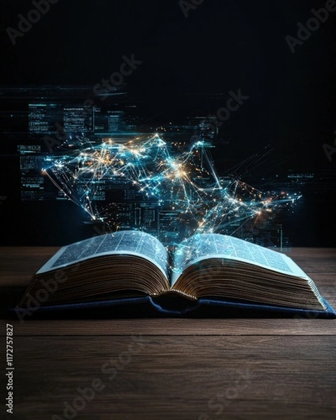 Fototapeta An open book with glowing pages, showcasing knowledge flowing out in the form of holographic data streams