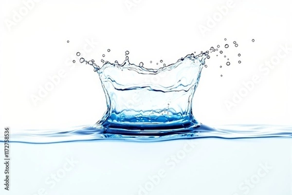 Obraz A dynamic splash of blue water with droplets scattering, on a white background. Concept of freshness, purity, and motion. Ai generative