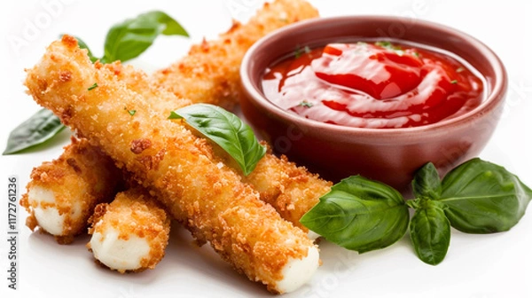 Fototapeta several mozzarella sticks with crispy coating and ketchup 