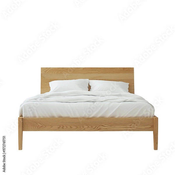 Obraz Comfort Haven: An inviting bedroom setting showcasing a minimalist wooden bed frame adorned with crisp, white linens, evoking a sense of calm and relaxation.