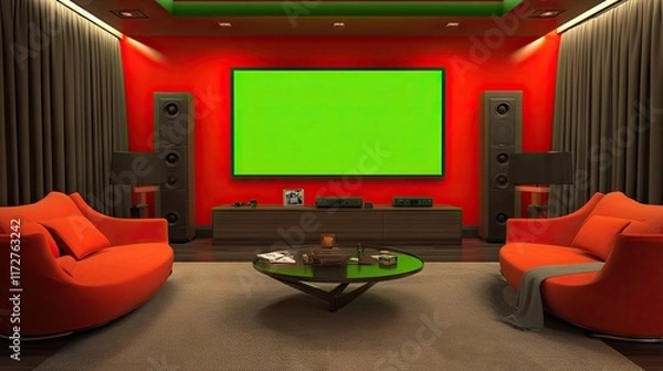 Fototapeta A stylish living room featuring a wall-mounted TV with green screen, vibrant red decorations, and ample copy space