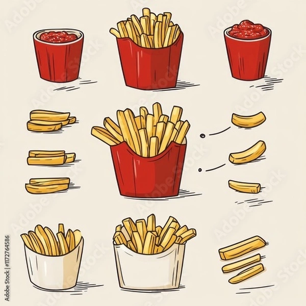 Fototapeta Cartoon-style representation of various servings of french fries in red and white containers, alongside dipping sauces. the fries are arranged in cups and bowls, with a focus on different cuts and fry