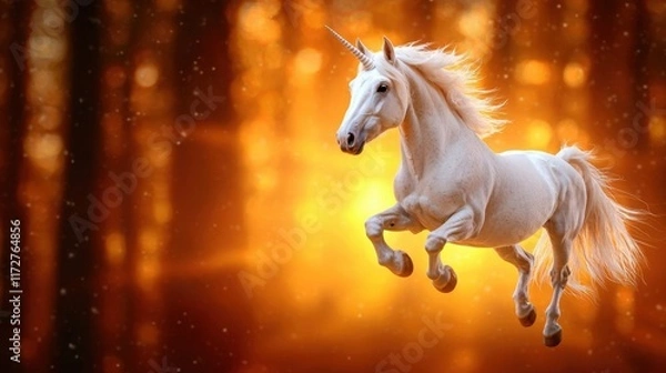 Fototapeta A sunrise over a magical unicorn in a mystical forest with a rainbow. High Quality