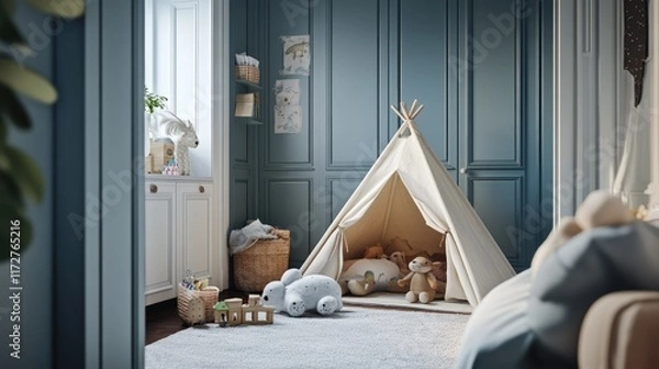 Fototapeta Blue-walled vintage children's room with a cozy play tent, toys, and soft furnishings creating a warm, nostalgic atmosphere