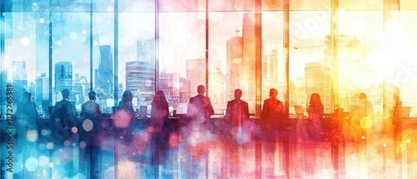 Fototapeta Business Meeting with Professionals Overlooking City Skyline Through Large Windows at Sunrise