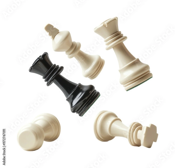 Obraz Chess pieces in black and white falling, scattered game board kings, queens, rooks isolated on white background for strategy concepts