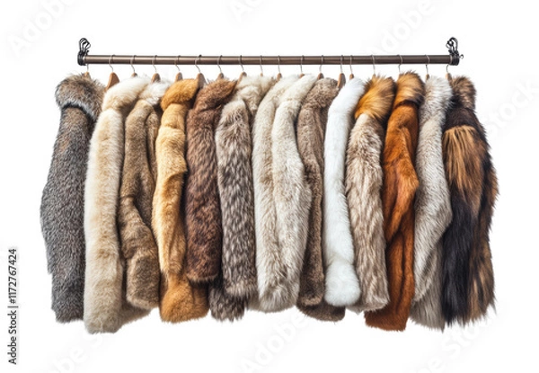 Obraz Collection of luxurious fur coats hanging on a wardrobe rack, perfect for fashion designs, retail advertising, or winter-themed visuals isolated on transparent background.