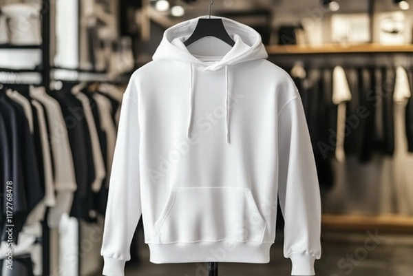 Fototapeta A plain white hoodie mockup on a hanger in a modern clothing store. The background features various clothing items on racks, creating a stylish retail environment. 