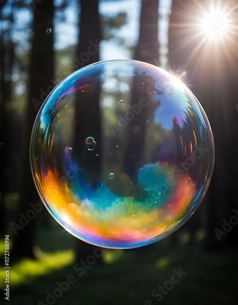 Fototapeta A large iridescent soap bubble floats in sunlight