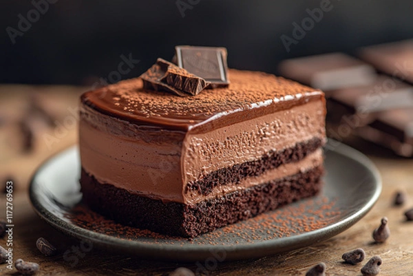 Obraz Chocolate cake slice on plate, cocoa powder, dark background, dessert