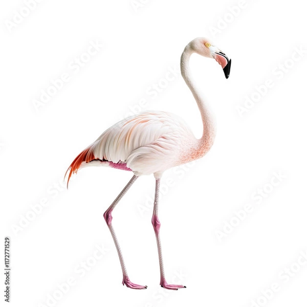 Obraz American Flamingo Portrait: A single American flamingo stands gracefully against a white background, showcasing its vibrant pink and white plumage, long legs, and elegant curved neck.