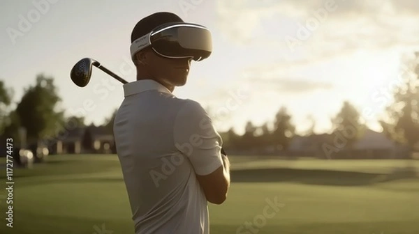 Fototapeta A golfer wearing a virtual reality headset on a golf course at sunset.