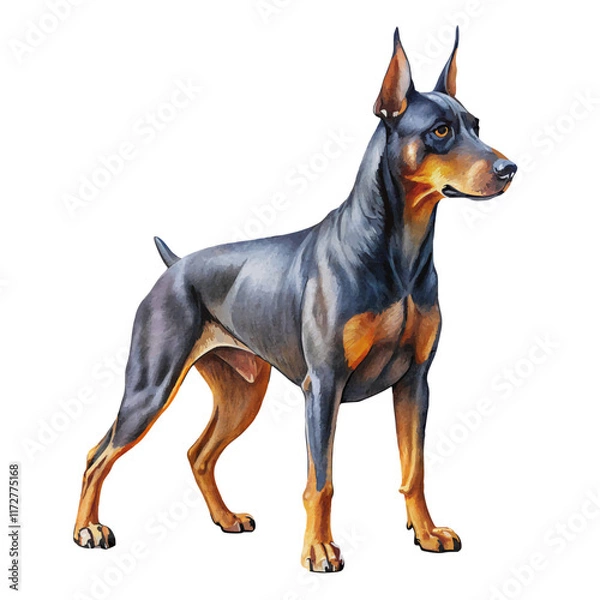 Fototapeta Doberman with smooth fur, depicted in a full-body pose. The dog’s sleek and muscular build is showcased, reflecting its strength and elegance. Ideal for pet illustrations, logos, or digital artwork.