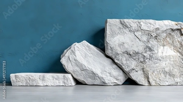 Fototapeta A group of large rocks sitting on top of a table