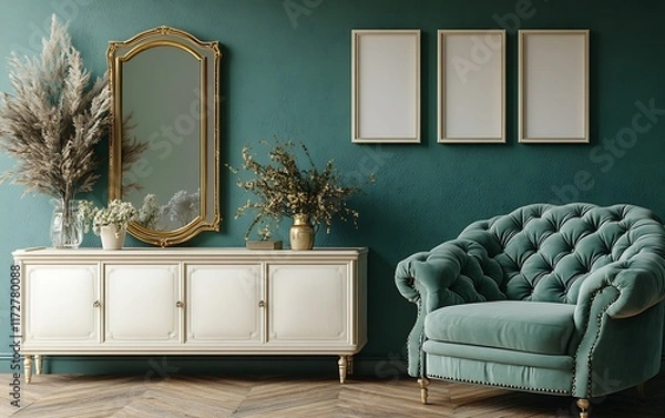 Fototapeta Teal room interior design; elegant armchair, console table, mirror, frames. Mockup use.