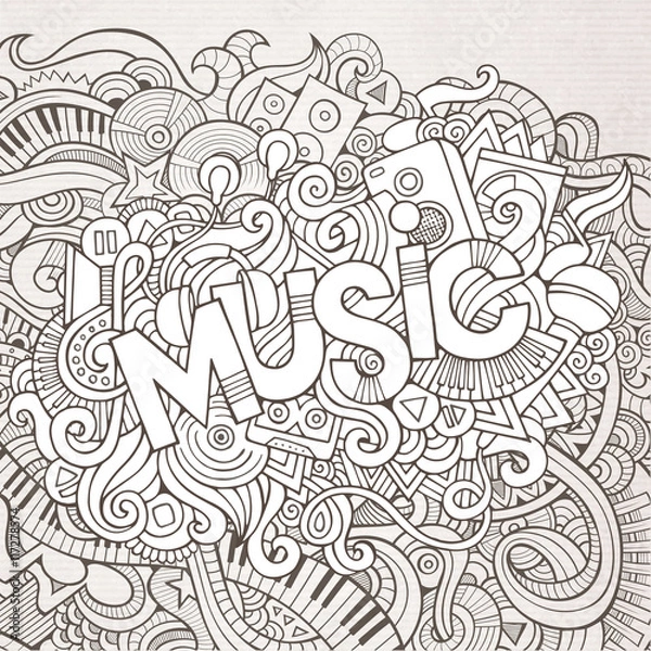 Fototapeta Music hand lettering and doodles elements background.
