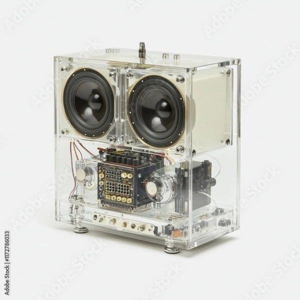 Fototapeta Transparent speaker featuring dual subwoofers and complex circuitry