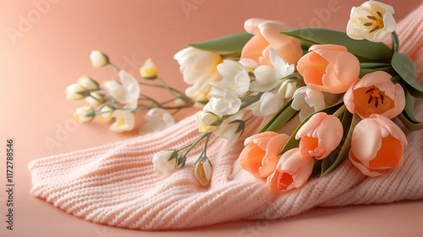 Obraz Elegant tulip arrangement on textured pink fabric, highlighting soft peach hues, delicate petals, and professional lighting.